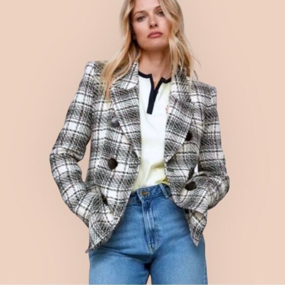 ZARA NWT Textured Plaid double-breasted in Black & Ecru Size L - Picture 1 of 7